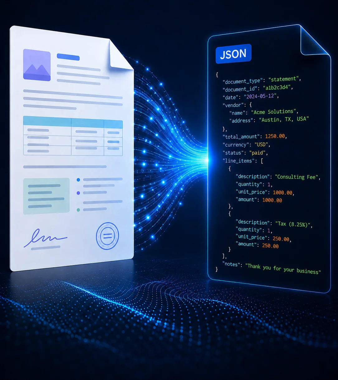 A business document resolving into structured JSON — vendor, totals, currency, and line items as typed fields