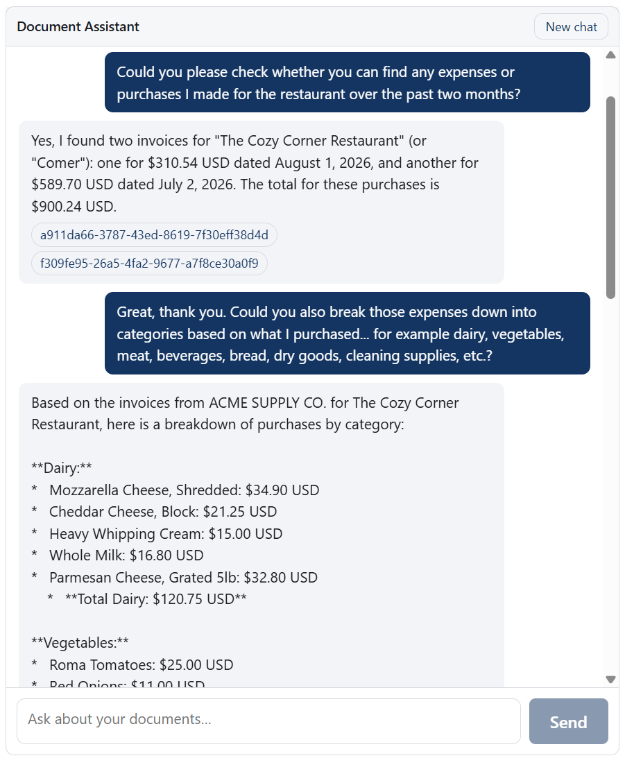 An embedded Document Assistant chat returning an exact $900.24 total with source-document citation chips and a categorized expense breakdown