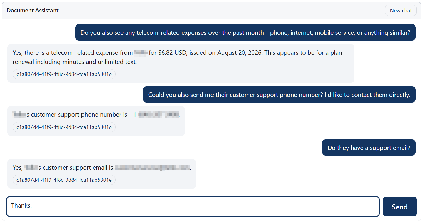 A Document Assistant conversation: a question about telecom expenses, then two follow-ups about the supplier's support phone and email, with a source-document citation chip under every answer