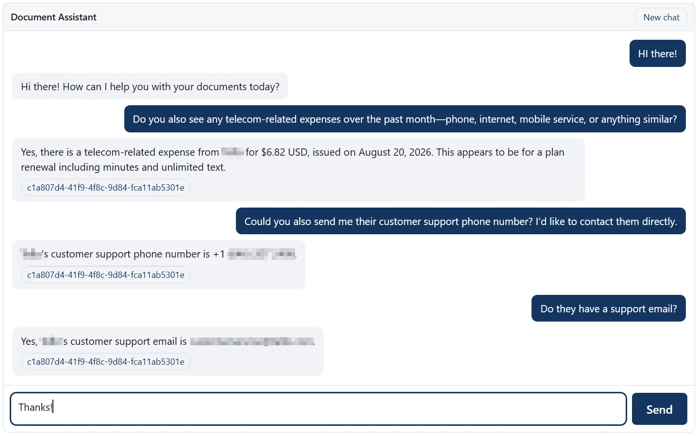 A chat assistant inside a host application answering questions about a tenant's documents, each answer carrying a source citation