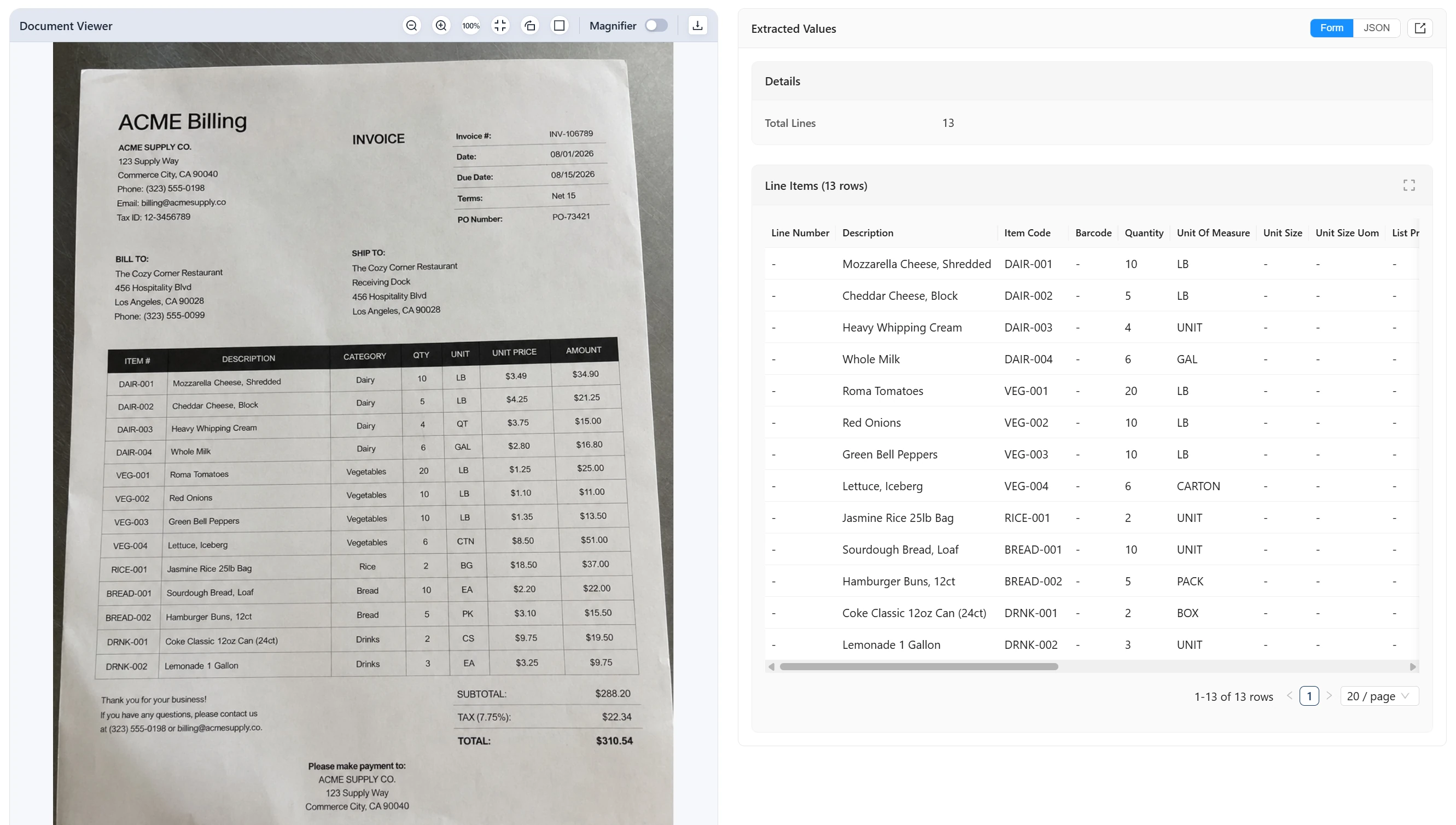 The extraction details view: a photographed invoice beside its 13 extracted line items, with item code, quantity and unit of measure preserved for every row