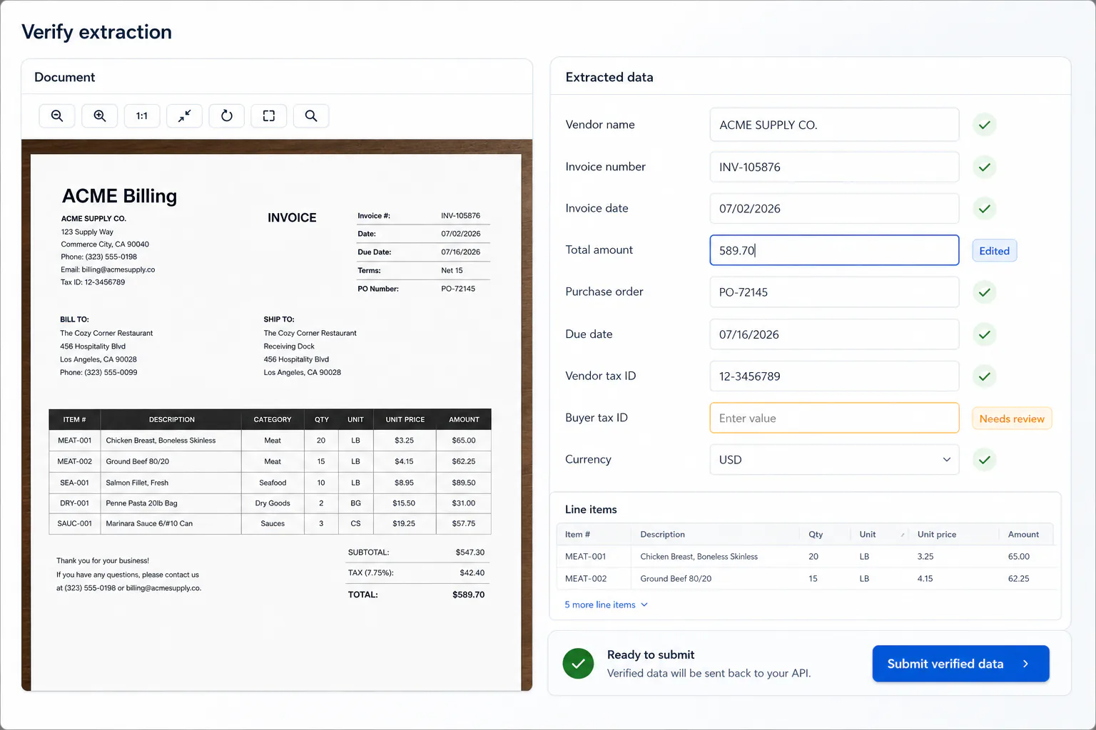 A document verification component embedded in a product, with the source invoice beside editable extracted fields and line items