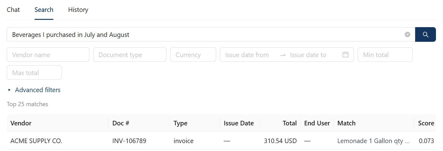 The Gemina console showing a natural-language search with field filters and ranked document results
