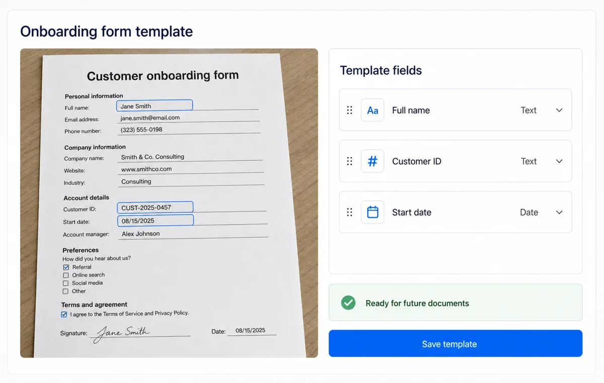 An onboarding-form template builder with selected full name, customer ID and start date values mapped to reusable typed fields