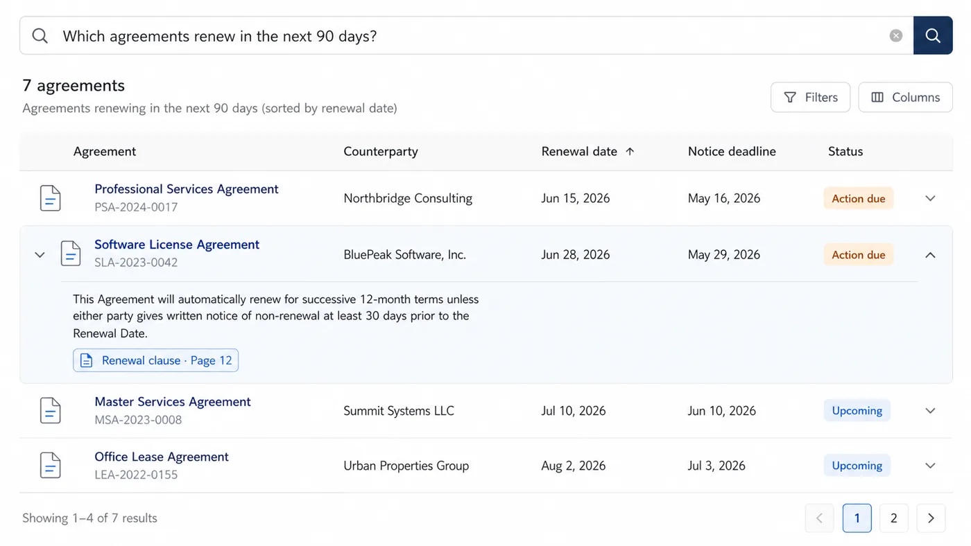 Agreements renewing in the next ninety days with notice deadlines, status and a cited renewal clause