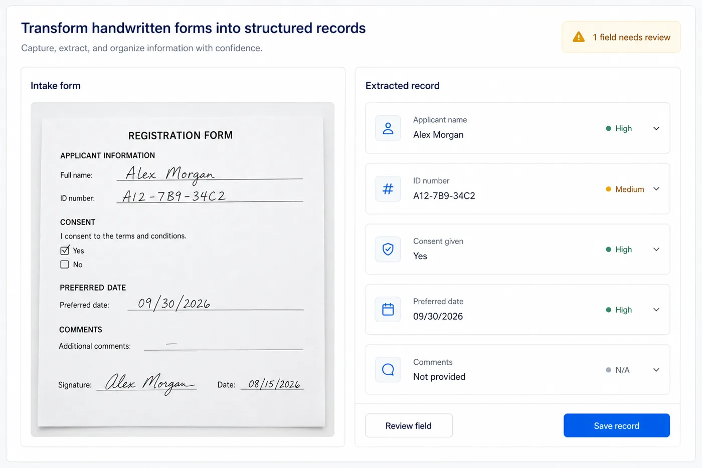 A handwritten registration form beside its structured record with one ambiguous field marked for review