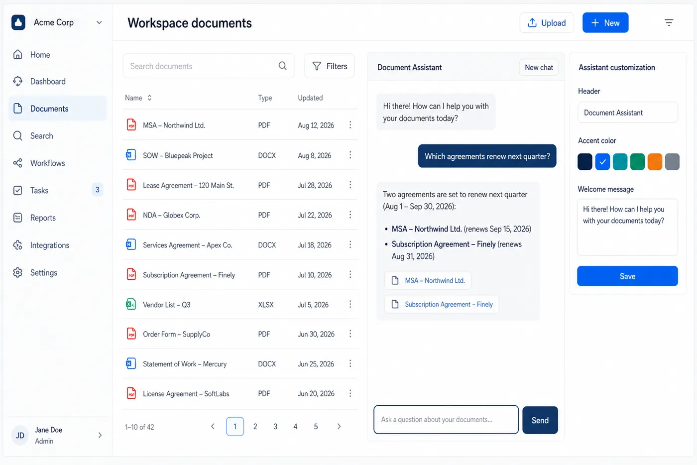 Document search and a cited assistant embedded within a configurable host SaaS workspace
