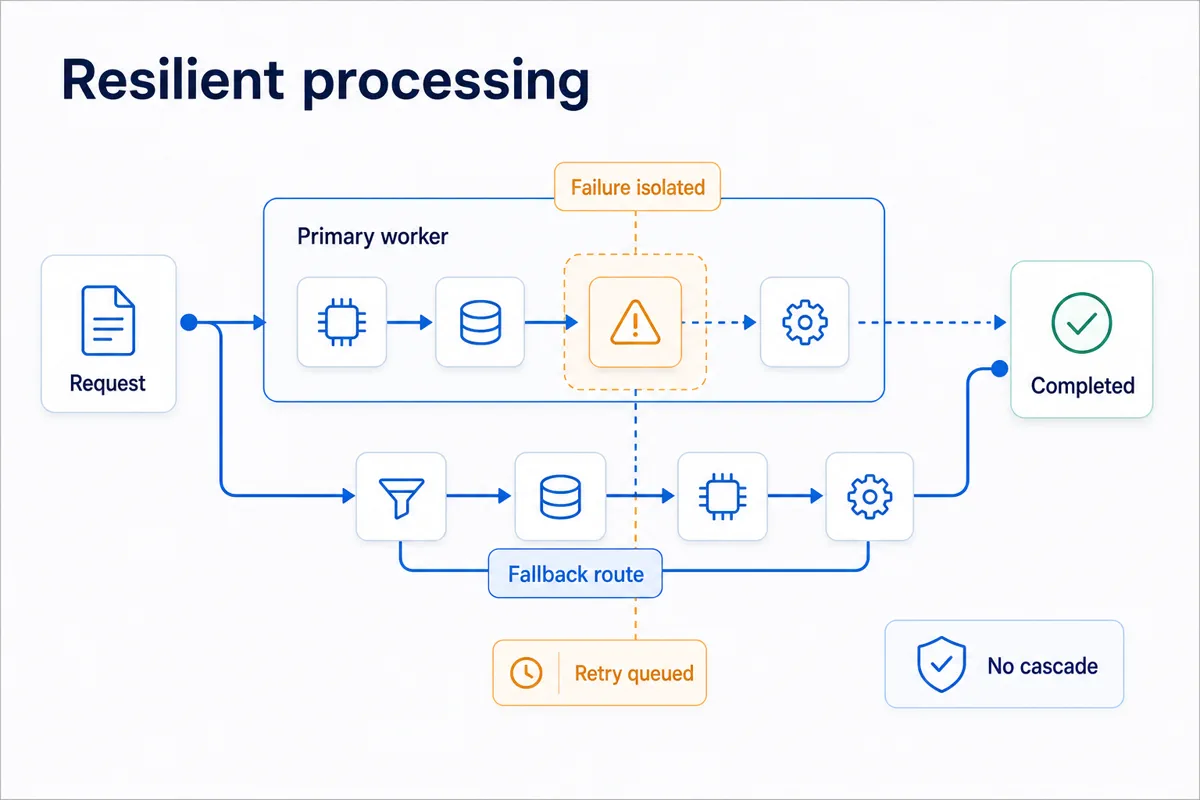 Resilient processing flow isolating a failed worker and routing through a fallback path